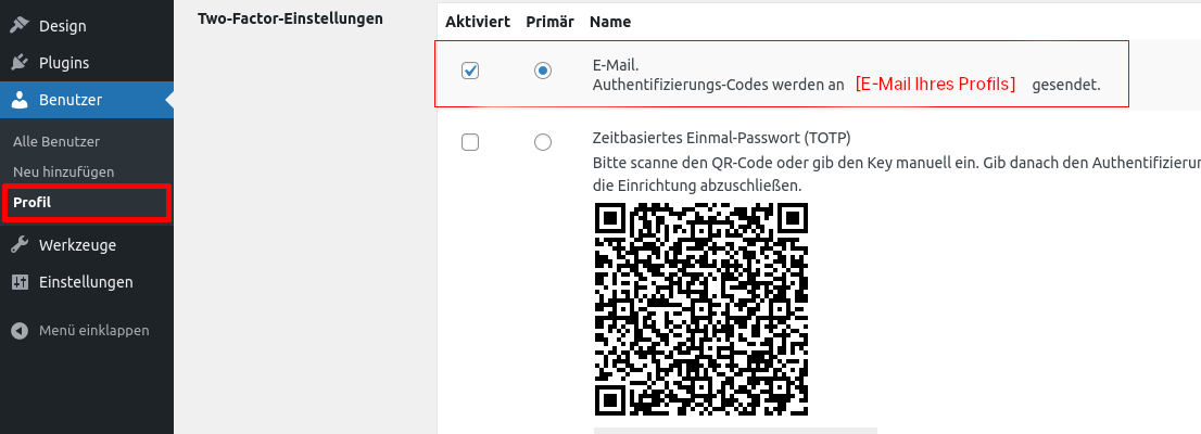 Bildschirmfoto: Einrichtung der Zwei-Faktor-Authentifizierung
