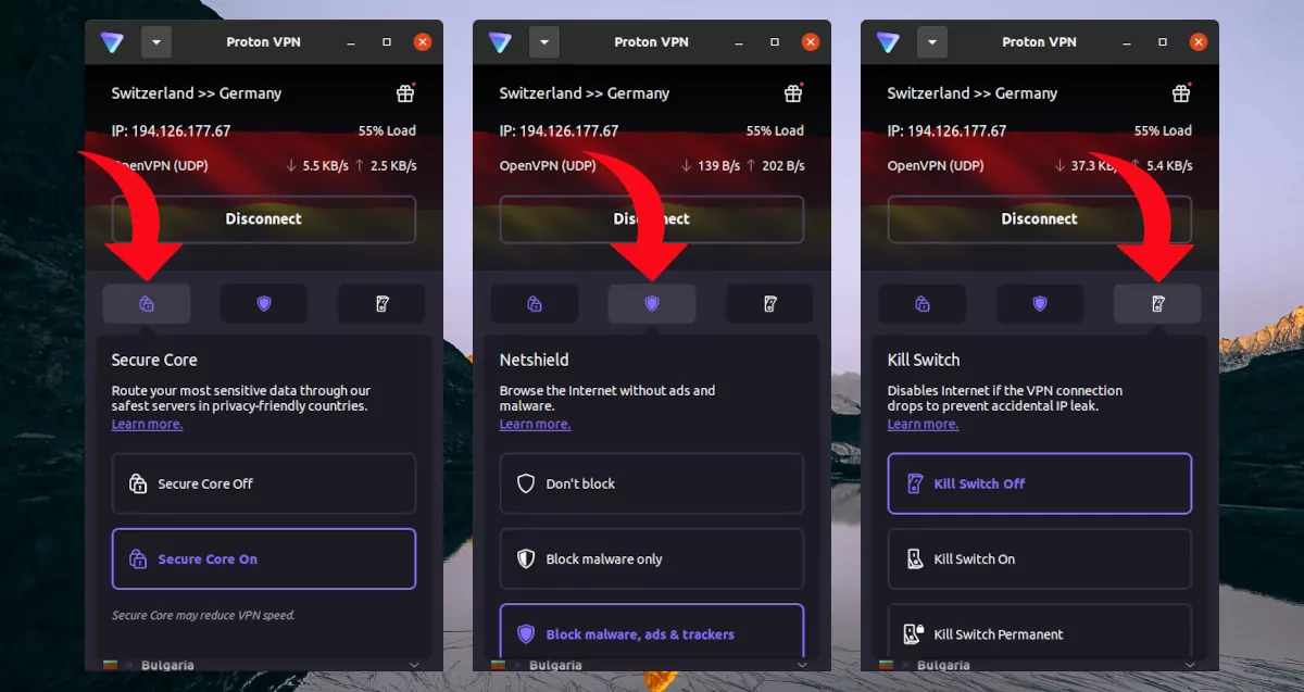 Proton VPN Einstellungen für Secure Core, Netshield und Kill Switch unter Linux